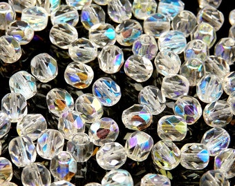 Czech Fire-Polished Faceted Glass Beads Round 6mm Crystal AB (A 11-16 - 50pcs, 240pcs, 1200pcs, 3600pcs)