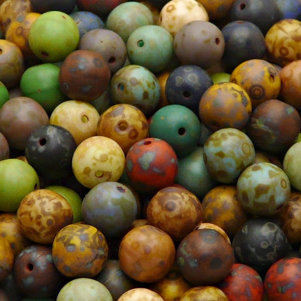 100pcs Czech Pressed Glass Round Beads 8mm Colors Mix Matte With Travertine