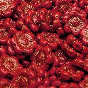 8pcs Czech Pressed Glass Flower Beads 14mm Red Coral with Bronze Fired Color
