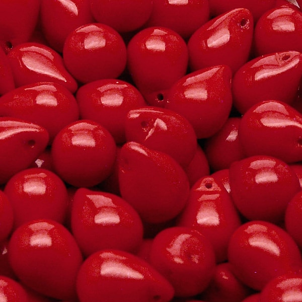 10pcs Czech Pressed Glass Teardrop Beads 10x14mm Opaque Red Coral