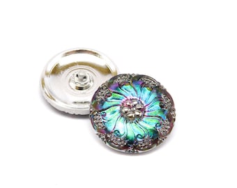 1pc Czech Hand Made Art Glass Button Round 27mm Crystal Silver Floral Ornament Green Vitrail (BUT021-IG954)