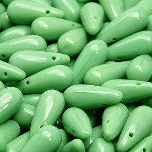 10pcs Czech Pressed Glass Teardrop Beads 7x16mm Opaque Green