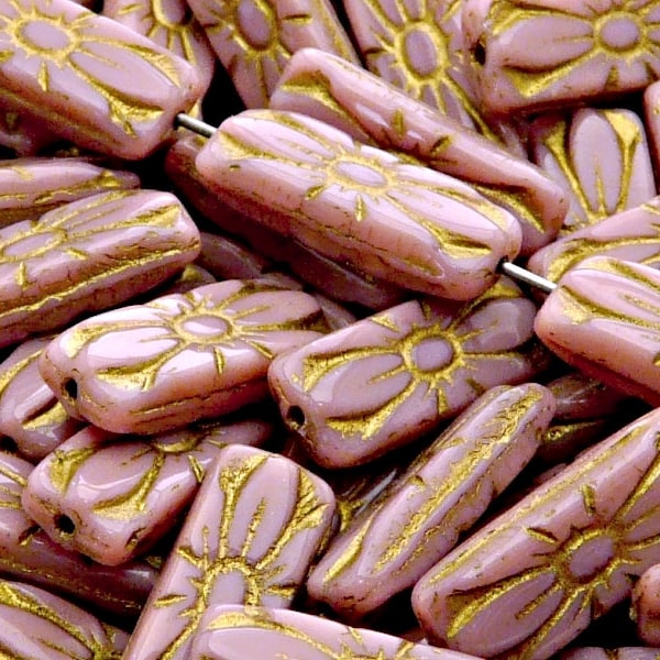 8pcs Czech Pressed Glass Rectangular Beads with Floral Motif 20x8mm Opaque Pink Golden Fired Color (A 02-06)