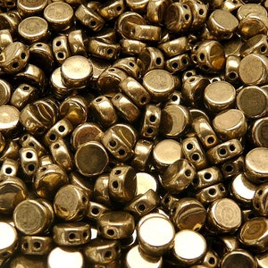 30 Stück Tschechische Zwei-Loch-Pressglas Runde Münze Perlen 6 mm Jet Gold Bronze Luster