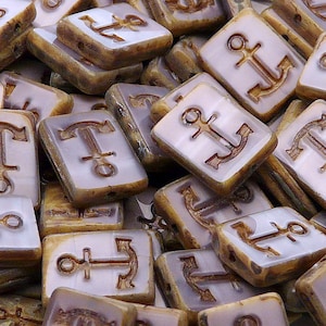 4pcs Czech Pressed Glass Table Cut Flat Rectangle Beads with Anchor Design 18x12mm Light Amethyst Opal Travertin