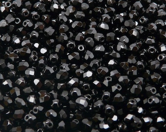 Czech Fire-Polished Faceted Glass Beads Round 4mm Jet (100pcs A 10-14, 600pcs, 1200pcs, 6000pcs)