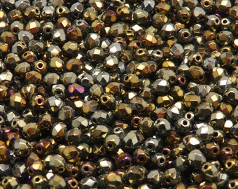 100pcs Czech Fire-Polished Faceted Glass Beads Round 4mm Jet Iris Brown