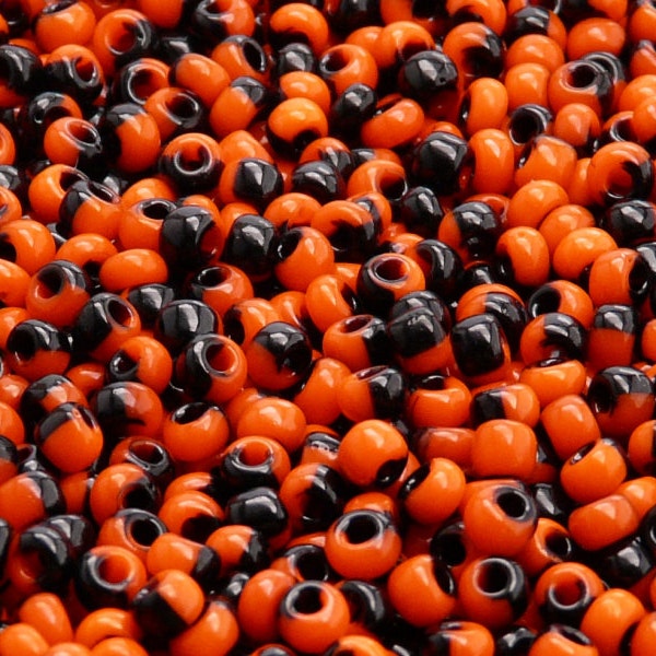 20gr Preciosa Czech Glass Seed Beads Rocailles Round 6/0 Opaque Jet Orange Harlequin