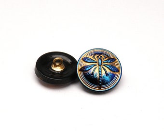 1pc Czech Hand Made Art Glass Button Dragonfly Round  18mm Jet Azuro Dragonfly Bronze Painted (BUT041-15030)