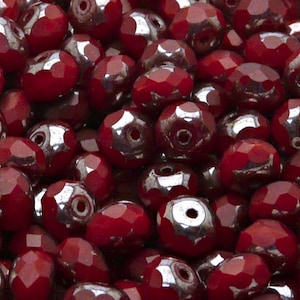 20pcs Czech Fire-Polished Faceted Glass Rondelle Beads 9mm Red Opal Matte Platinum Luster