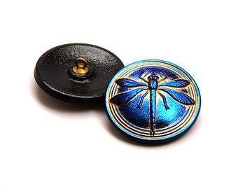 1pc Czech Hand Made Art Glass Button Dragonfly Round  31,5mm Jet Azuro Dragonfly Bronze Painted (BUT002-15030)