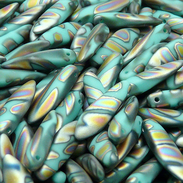 20pcs Czech Pressed Glass Dagger Beads 5x16mm Opaque Turquoise Green Vitrail Zebra Matte