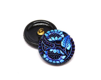 1pc Czech Hand Made Art Glass Button Sunflowers Round 27mm Jet Blue Star (BUT073-F3125)