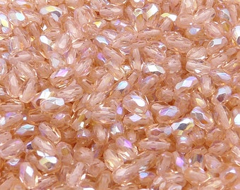 50pcs Czech Fire-Polished Faceted Glass Olive Beads 6x4mm Rosaline AB
