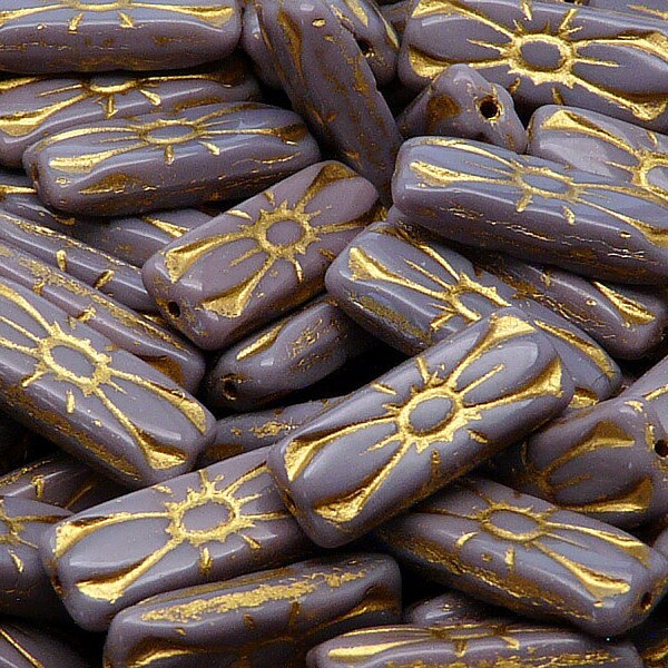 8pcs Czech Pressed Glass Rectangular Beads with Floral Motif 20x8mm Opaque Amethyst Golden Fired Color (A 02-04)