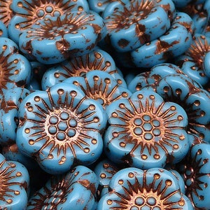 4pcs Czech Pressed Glass Flower Beads 18mm Opaque Turquise Blue with Bronze Fired Color