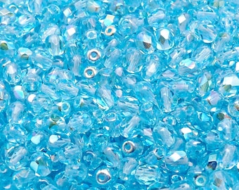 80 pcs perles de verre facettées polies au feu, rondes 5 mm Aigue-marine claire AB