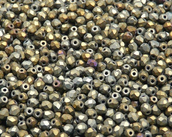 100pcs Czech Fire-Polished Faceted Glass Beads Round 3mm Jet Brown Iris Matte