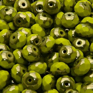 20pcs Czech Fire-Polished Faceted Glass Rondelle Beads 9mm Opaque Olivine Matte Platinum Luster