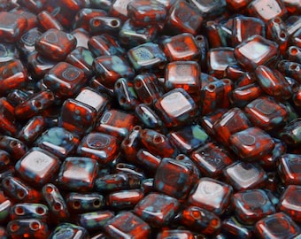 40pcs Two Hole Pressed CzechMates Glass Tile Beads 6mm Hyacinth Travertine