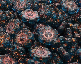 8pcs Czech Pressed Glass Flower Beads 14mm Aquamarine with Bronze Fired Color