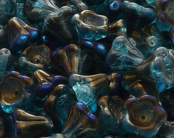 10pcs Czech Pressed Glass Bell Flower Beads 11x13 mm Aquamarine Azuro