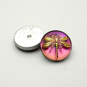 1 st Tsjechische handgemaakte kunst glazen knop cabochon libel rond 18 mm kristal geel roze vitrail (CAB041-15020)
