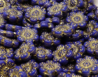 8pcs Czech Pressed Glass Flower Beads 14mm Opaque Sapphire with Golden Fired Color
