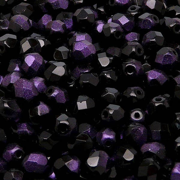 50pcs Czech Fire-Polished Faceted Glass Beads Round 6mm Jet Violet Rutil