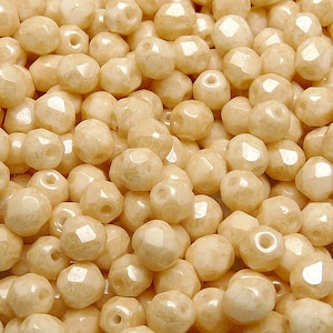 50pcs Czech Fire-Polished Faceted Glass Beads Round 6mm Opaque Beige Ceramic Look