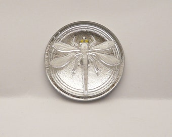 1pc Czech Hand Made Art Glass Button Cabochon Dragonfly Round  31,5mm Crystal White Dragonfly (CAB010-50030)