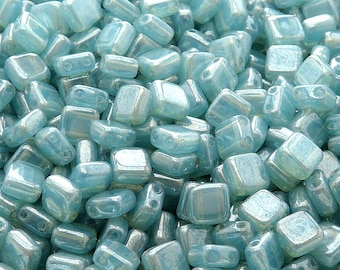 40pcs Two Hole Pressed CzechMates Glass Tile Beads 6mm Aqua Opal White Luster Coating