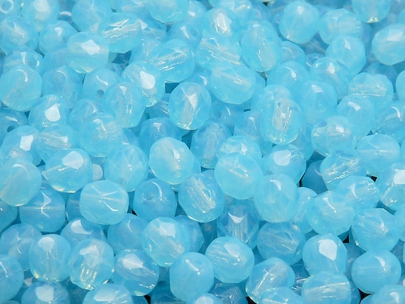 6mm 30 Moonstone Aqua Round Czech Fire Polished Faceted Glass Beads