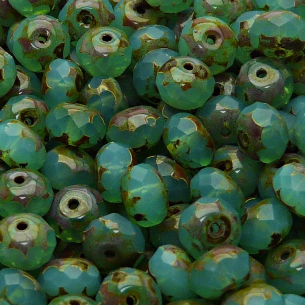 20pcs Czech Fire-Polished Faceted Glass Rondelle Beads 9mm Green Aqua Opal Matte Travertine Luster