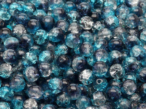 30pcs Czech Pressed Glass Cracked Round Beads 6mm Crystal Aqua