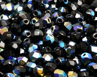 50pcs Czech Fire-Polished Faceted Glass Beads Round 6mm Jet AB