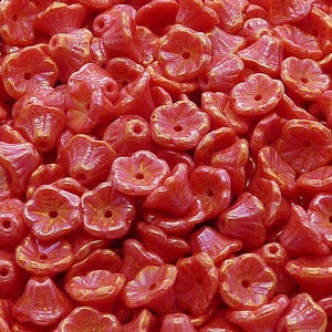 30pcs Czech Pressed Glass Bell Flower Beads 5x7mm Opaque Red Coral Iris Rainbow