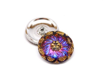 1pc Czech Hand Made Art Glass Button Round 27mm Crystal Gold Floral Ornament Volcano (BUT026-IG 949)