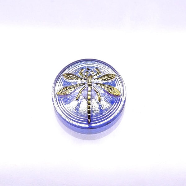 1pc Czech Hand Made Art Glass Button Cabochon Dragonfly Round  18mm Light Sapphire Golden Dragonfly AB (CAB025-30020AB)