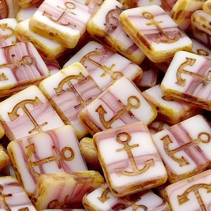 4pcs Czech Pressed Glass Table Cut Flat Rectangle Beads with Anchor Design 18x12mm Pink White Agate Travertin