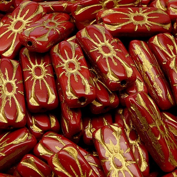 8pcs Czech Pressed Glass Rectangular Beads with Floral Motif 20x8mm Opaque Red Coral Golden Fired Color (A 02-07)