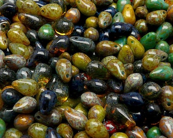 30pcs Czech Pressed Glass  Teardrop Beads 6x9mm Colors Mix With Travertine
