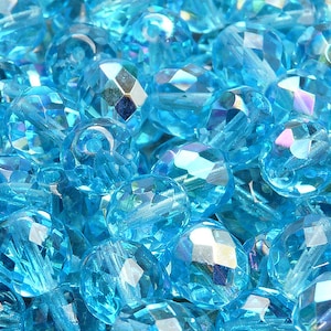 10 Stück Tschechische feuerpolierte facettierte Glasperlen Rund 10mm Aquamarine AB