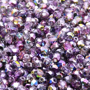 100 Stück Tschechische feuerpolierte facettierte Glasperlen 4mm Kristall Violett Grau Zauberhaft