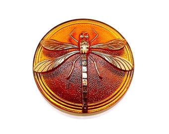 1pc Czech Hand Made Art Glass Button Cabochon Dragonfly Round 40,5mm Topaz Gold Dragonfly (CAB048-15070G)
