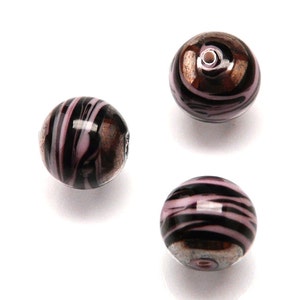 4pcs Czech Glass Lamp Beads Round 10mm Opaque Jet Lilac Stripes With Hematite