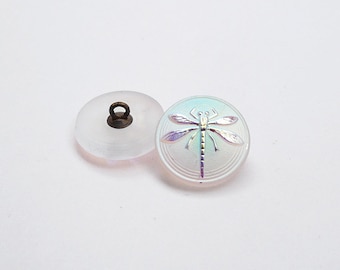 1pc Czech Hand Made Art Glass Button Dragonfly Round  18mm Crystal Matte AB (BUT052-15076)