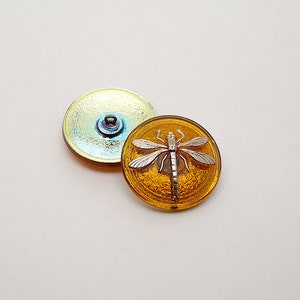 1pc Czech Hand Made Art Glass Button Dragonfly Round  18mm Topaz Platinum Dragonfly AB (BUT042-15070S)