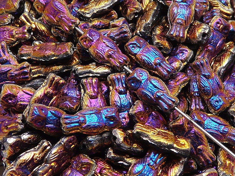 10pcs Czech Glass Pressed Owl Beads 15x7 mm Jet Sliperit Full