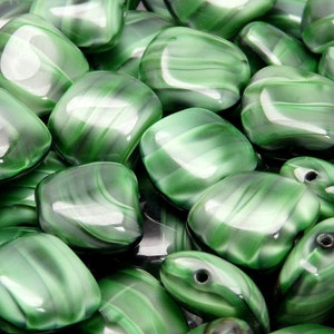 6pcs Czech Pressed Glass Kidney Nugget Beads 13x15mm Emerald Jet With Stripes Moonlight